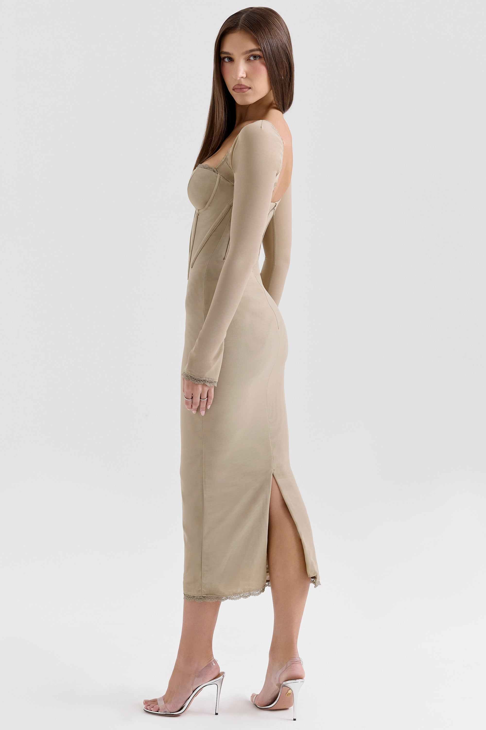 beige mesh long sleeve bodycon midi dress