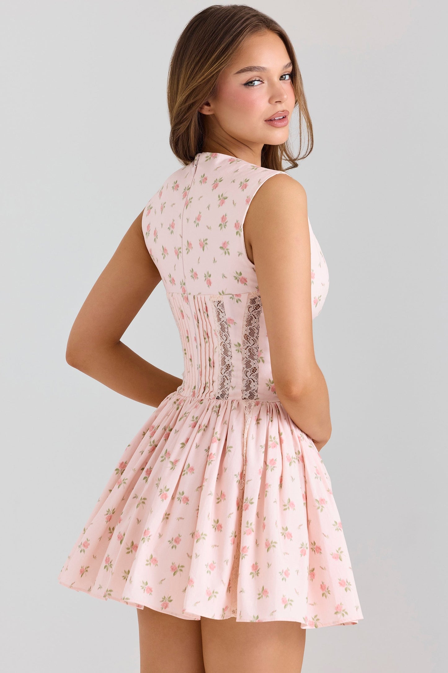 pink stretch cotton floral print mini dress