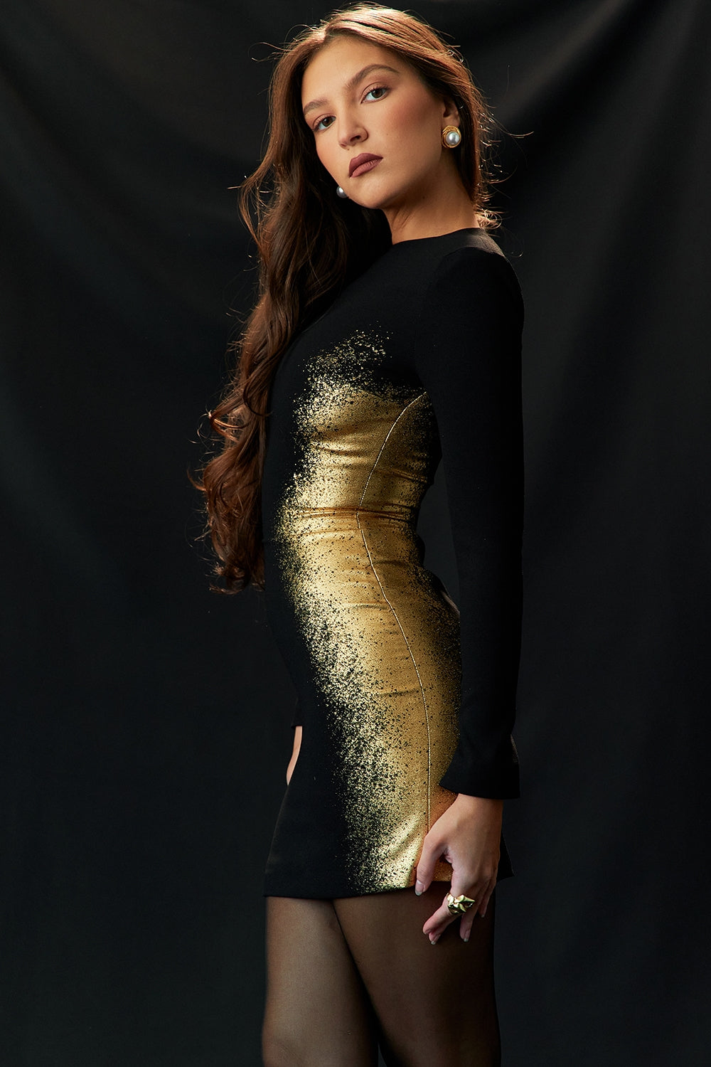 black & gold foil print mini dress