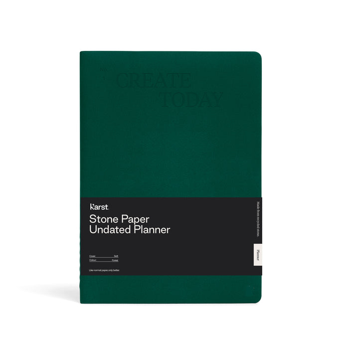 Front view of a forest green Karst Stone Paper Undated Planner notebook with “Create Today” embossed on the cover and a black band labeled “Stone Paper Undated Planner,” displayed on a white background.