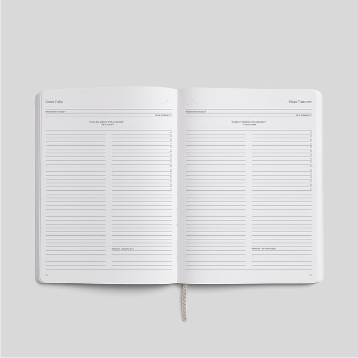 Open Karst Stone Paper Undated Planner showing daily planning pages with goal tracking, gratitude prompts, and lined sections for productivity journaling.