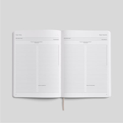 Open Karst Stone Paper Undated Planner showing daily planning pages with goal tracking, gratitude prompts, and lined sections for productivity journaling.