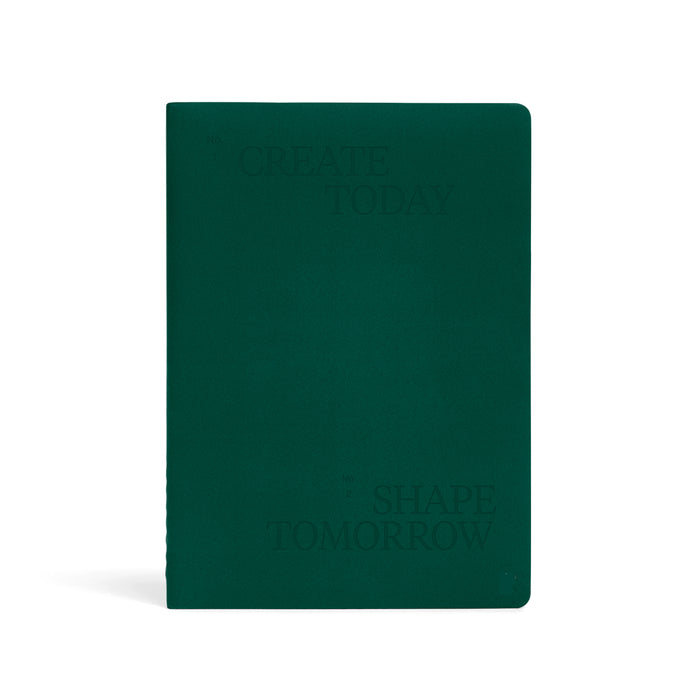 Karst Stone Paper Undated Planner in forest green with embossed “Create Today, Shape Tomorrow” text on minimalist eco-friendly hardcover notebook.