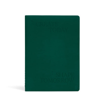 Karst Stone Paper Undated Planner in forest green with embossed “Create Today, Shape Tomorrow” text on minimalist eco-friendly hardcover notebook.