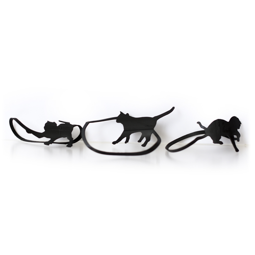 Set of black cat-shaped rubber bands in different playful poses, quirky animal office supplies for organizing papers and adding fun to desk accessories.