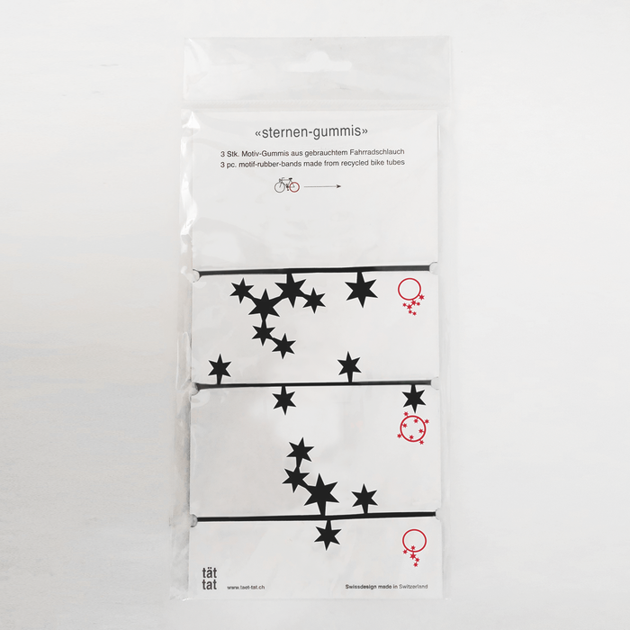 Pack of black star-shaped rubber bands made from recycled bicycle inner tubes, creative eco-friendly office supplies and gift wrapping accessories.