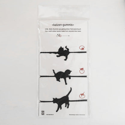 Pack of black cat-shaped rubber bands made from recycled bicycle inner tubes, playful animal organizers for office supplies, gift wrapping, and everyday household use.