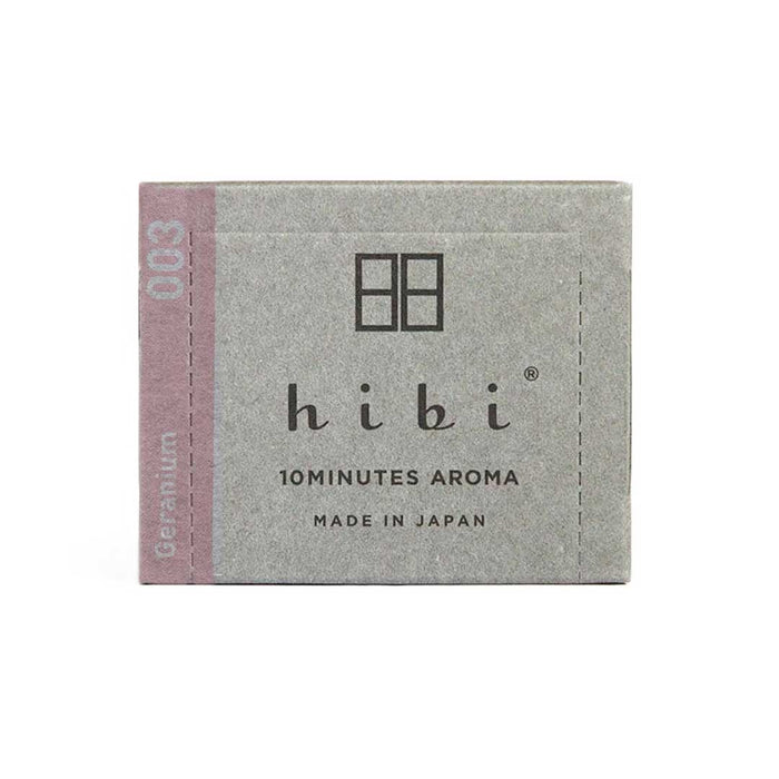 hibi 10 Minutes Aroma incense matches box, geranium scent, front view