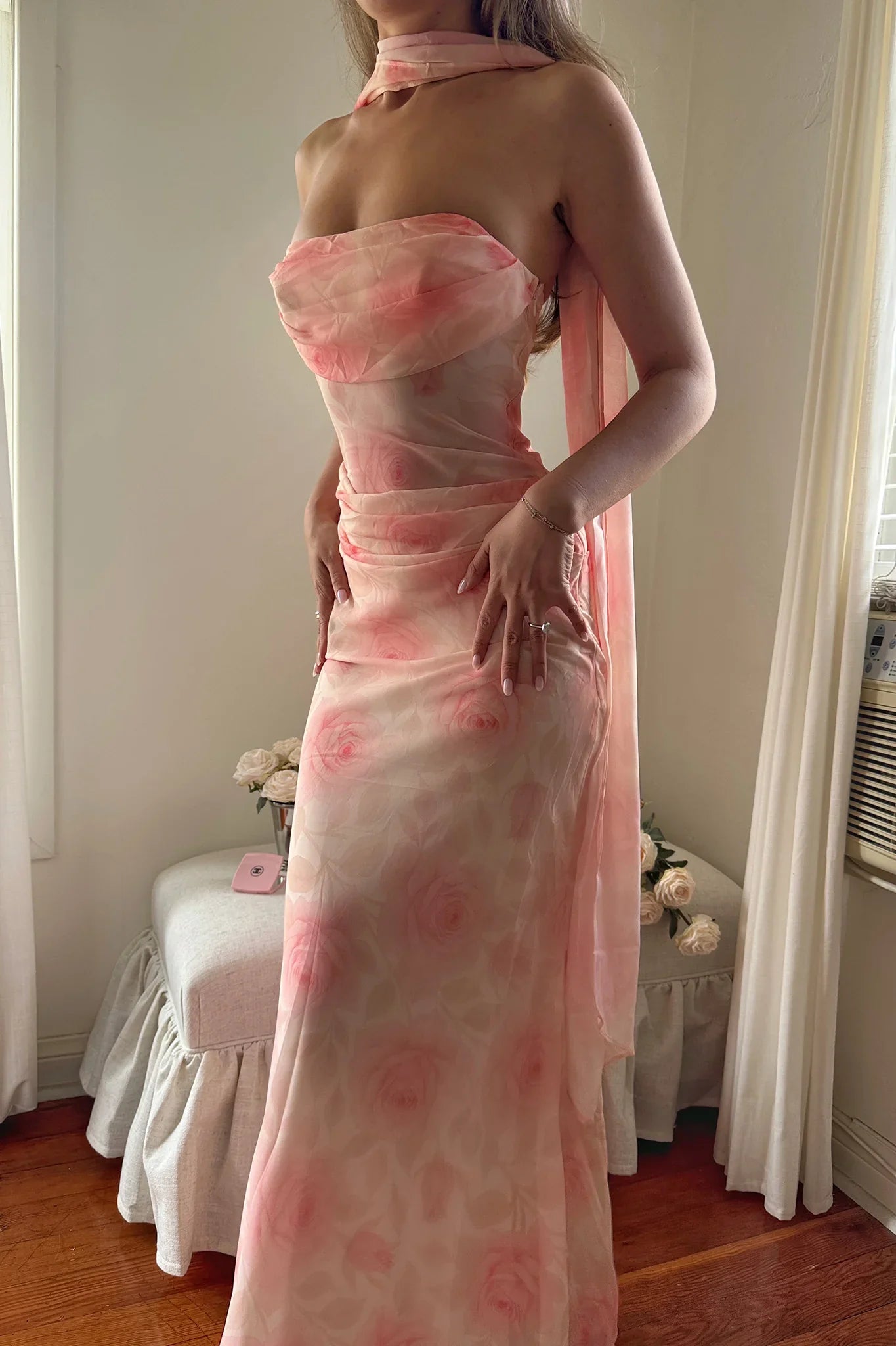 Unforgettable Day Drape Waist Strapless Maxi Dress Roses Floral