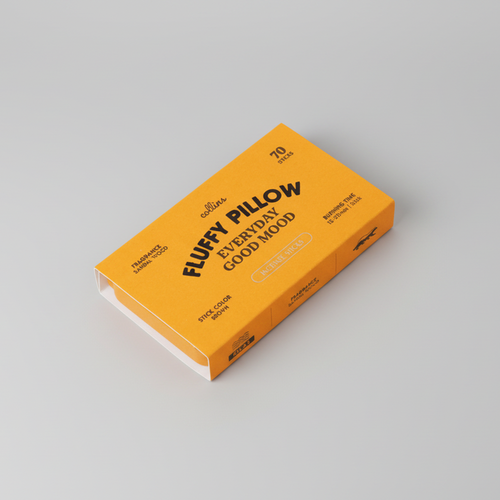 Warm yellow Collins Everyday Good Mood incense box labeled “Fluffy Pillow,” sandalwood-scented incense sticks in bold modern packaging on a clean white background.