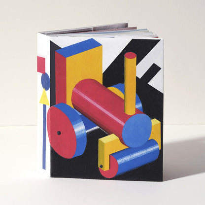 Art book with a bold geometric abstract cover in red, blue, yellow, black, and white, featuring modern block and cylinder shapes in a striking contemporary design.