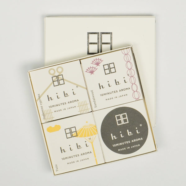 Hibi 10 Minutes Aroma Japanese incense matches gift set with four assorted scent boxes displayed in a square layout.
