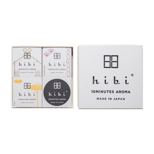 Hibi 10 Minutes Aroma Japanese incense matches gift set with four assorted fragrances and branded white presentation box.