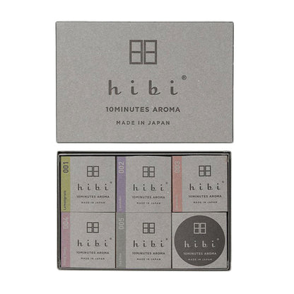 Hibi 10 Minutes Aroma incense matches assorted gift set, Japanese incense matchsticks in minimalist gray packaging, made in Japan.