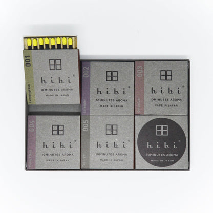 Hibi 10 Minutes Aroma assorted incense matches gift box with six Japanese scents, including lemongrass, lavender, geranium, ylang ylang, and tea tree.