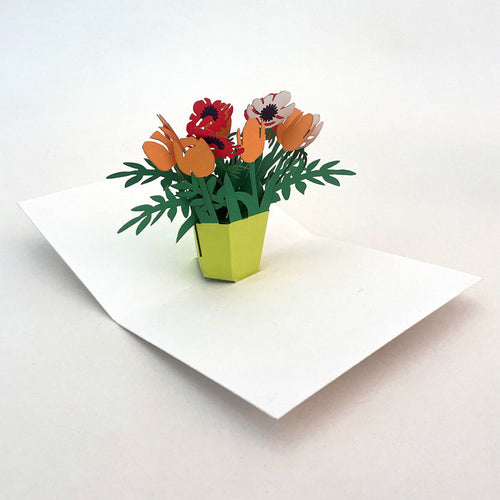 Open 3D pop-up greeting card featuring a colorful bouquet of paper flowers in a bright green vase, elegant floral paper art card for birthdays, thank you notes, and special occasions.