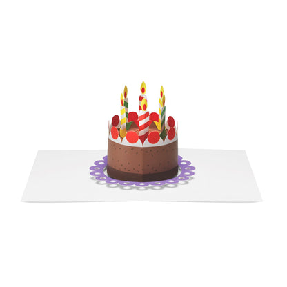 3D pop-up birthday card featuring a festive cake with colorful candles and flames on a white card base, playful paper art greeting card for birthdays and celebrations.