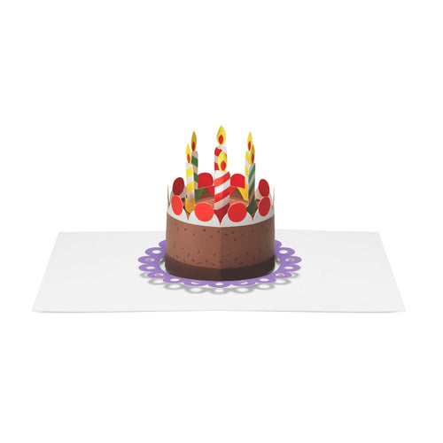 3D pop-up birthday card featuring a festive cake with colorful candles and flames on a white card base, playful paper art greeting card for birthdays and celebrations.
