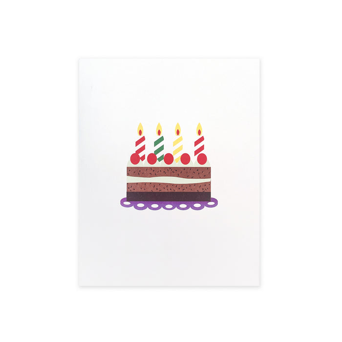 Birthday greeting card with a simple illustrated cake and four striped candles on a white cover, minimalist celebration stationery for birthdays and special occasions.