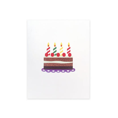 Birthday greeting card with a simple illustrated cake and four striped candles on a white cover, minimalist celebration stationery for birthdays and special occasions.