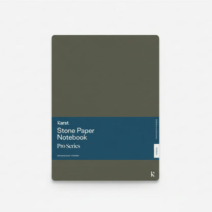Karst Stone Paper Notebook Pro Series with an olive green cover and blue wraparound label, shown front-facing on a white background.