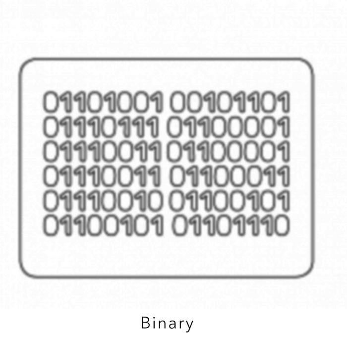 Minimalist rectangular design featuring rows of binary code digits with the label “Binary,” modern tech-inspired graphic symbol for digital data and coding concepts.