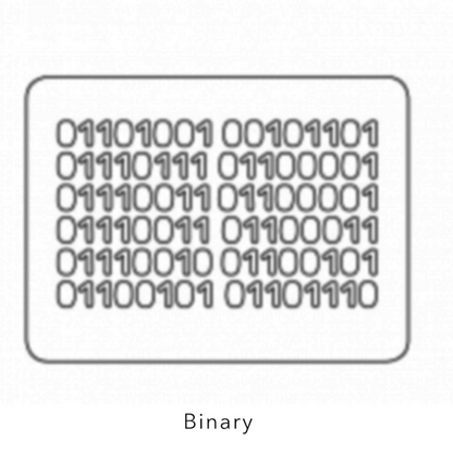 Minimalist rectangular design featuring rows of binary code digits with the label “Binary,” modern tech-inspired graphic symbol for digital data and coding concepts.