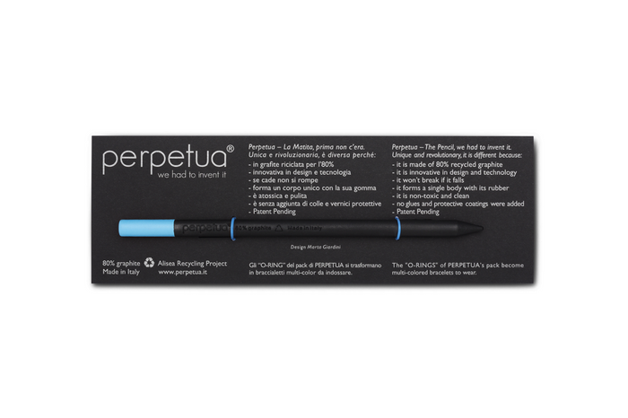 Perpetua black recycled graphite pencil with light blue eraser displayed in minimalist branded packaging, eco-friendly Italian stationery with modern sustainable design.