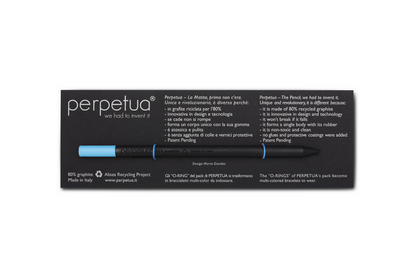 Perpetua black recycled graphite pencil with light blue eraser displayed in minimalist branded packaging, eco-friendly Italian stationery with modern sustainable design.