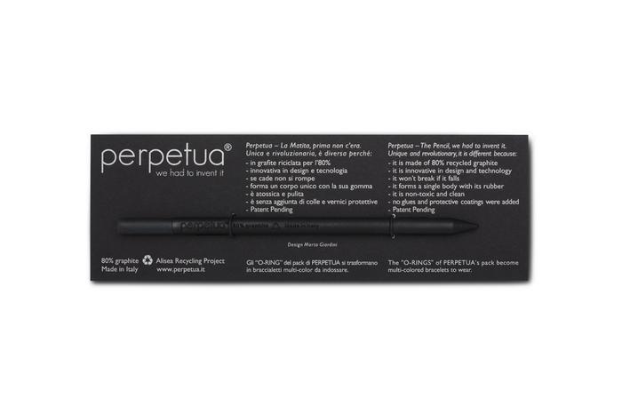 Perpetua black recycled graphite pencil with black eraser displayed in minimalist branded packaging, eco-friendly Italian stationery with sleek monochrome sustainable design.
