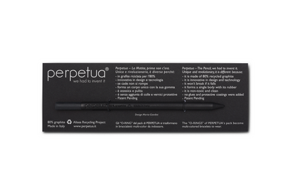 Perpetua black recycled graphite pencil with black eraser displayed in minimalist branded packaging, eco-friendly Italian stationery with sleek monochrome sustainable design.