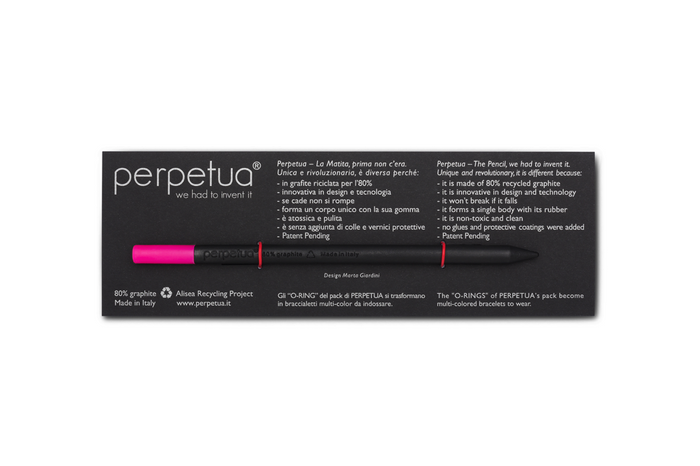Perpetua black recycled graphite pencil with bright pink eraser displayed in minimalist branded packaging, eco-friendly Italian stationery with bold modern sustainable design.