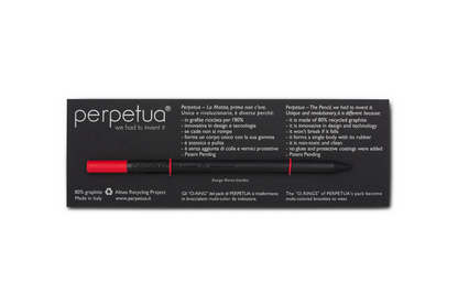 Perpetua black recycled graphite pencil with red eraser displayed in minimalist branded packaging, eco-friendly Italian stationery with clean modern sustainable design.