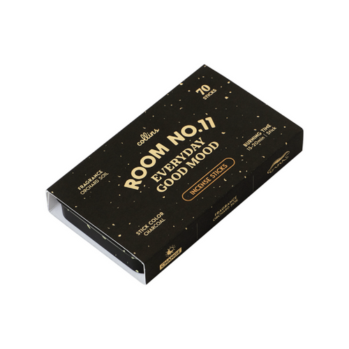 Black Collins Everyday Good Mood incense box labeled “Room No.11,” orchard soil-scented incense sticks in bold modern packaging on a clean white background.