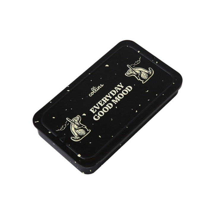 Black Collins Everyday Good Mood incense tin with playful illustrated graphics and speckled detailing, compact minimalist storage case for modern home fragrance and incense accessories.
