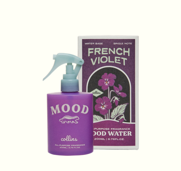 Mood Water French Violet all-purpose fragrance spray with illustrated violet flower box, water-based home and fabric scent in minimalist vintage-style packaging.