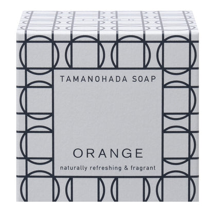 Tamanohada Orange Soap packaging with minimalist geometric design, naturally refreshing and fragrant Japanese luxury bath soap box.