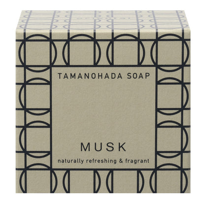 Tamanohada Musk Soap packaging with elegant geometric pattern, naturally refreshing and fragrant Japanese luxury bath soap box.