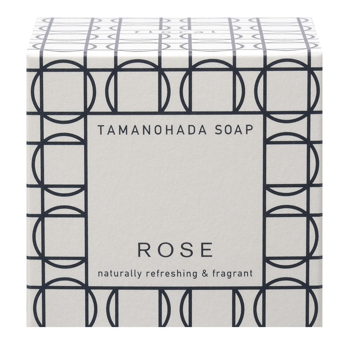Tamanohada Rose Soap packaging with minimalist geometric pattern, naturally refreshing and fragrant Japanese luxury bath soap box.