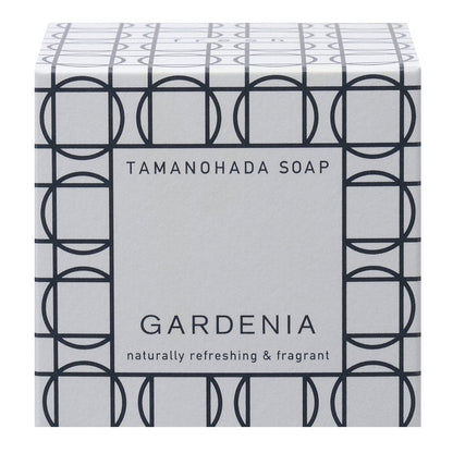Tamanohada Gardenia Soap packaging with elegant geometric pattern, naturally refreshing and fragrant Japanese luxury bath soap box.