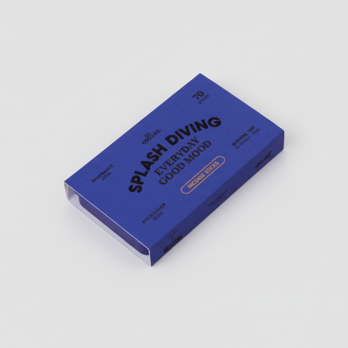 Bright blue Collins Everyday Good Mood incense box labeled “Splash Diving,” aquatic-scented incense sticks in bold modern packaging on a clean white background.