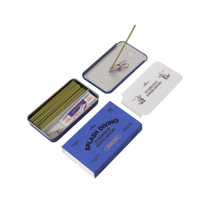 Collins Everyday Good Mood incense set labeled “Splash Diving,” shown open with olive-green incense sticks, metal clip holder, tray lid, and bright blue packaging on a clean white background.