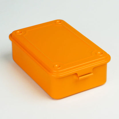Orange steel stackable storage box with hinged lid.