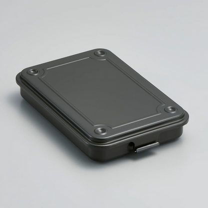 military green steel stackable storage box with fitted lid, shown closed.