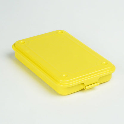 Yellow rectangular storage box with fitted lid, photographed on a white background.