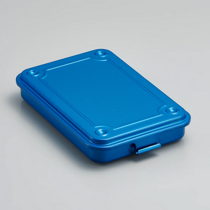 Blue rectangular storage box with fitted lid, photographed on a neutral background.