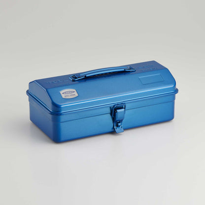 Blue Toyo steel toolbox with top handle and front latch, shown closed on a light gray background.