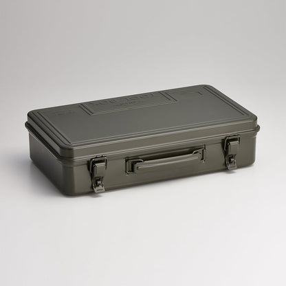 military green Toyo steel toolbox with handle and dual latches, shown closed on a neutral background.