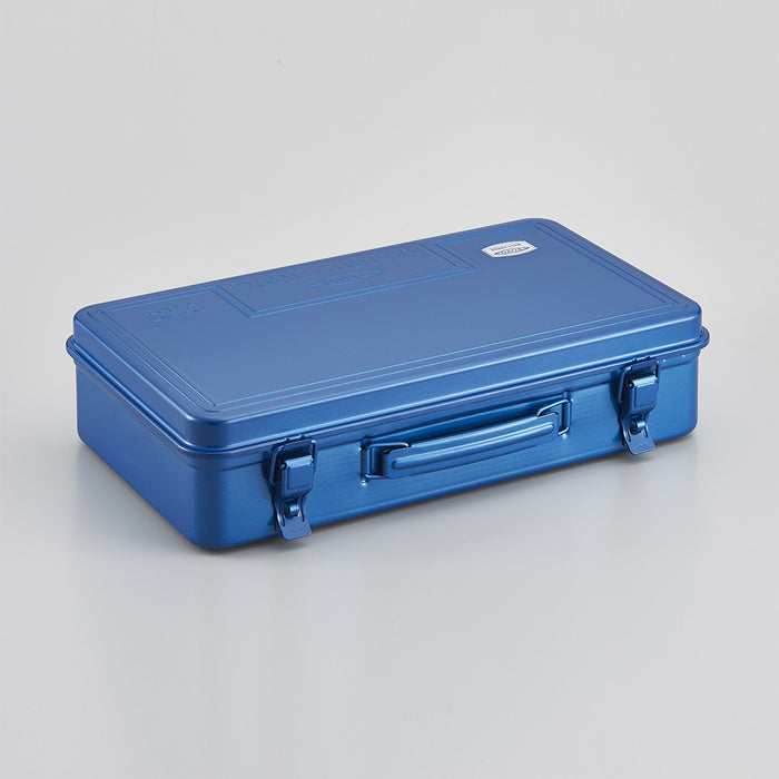 Toyo steel toolbox T-360 in blue with handle and metal latches, shown closed.