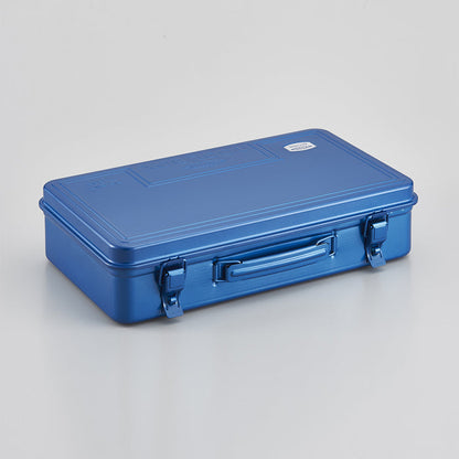 Toyo steel toolbox T-360 in blue with handle and metal latches, shown closed.